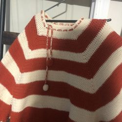 Poncho    Hand Made    Orange And White Stripe   