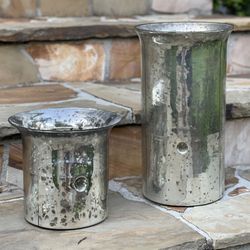 Set of 2 Large Mercury Glass Pillar Candle Holders