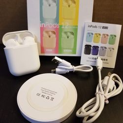 New White inPods 12 AirPods Headphones with wireless Charging pad