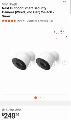 Google Nest Outdoor Smart Security Camera (Wired, 2nd Gen) 2-Pack - Snow $145