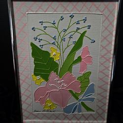 vintage 1970s floral painting by Sharie Hatchett Bohlmann featuring a vibrant bouquet with unique, raised paint border 9.5"×12.5"