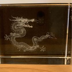 Dragon etched glass crystal cube paperweight