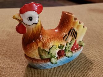 Vintage Chicken Rooster Hen Measuring Spoon Rest Holder And JAPAN Flowers
