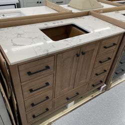 Bathroom vanity cabinet 48” full Teak Quartz top with sinks And Backsplash 