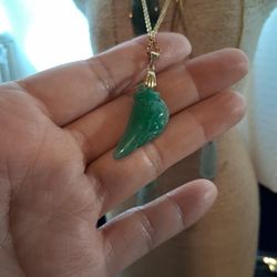 Vtg Green Jade Jadeist BURMA pepper 2 Sides Carved Pdnt S925 Bail Steel Chain 