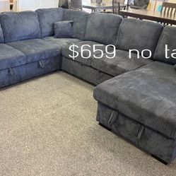 4-pc Convertible Sectional Sofa W/ Pull Out Bed& Storage Dark Grey