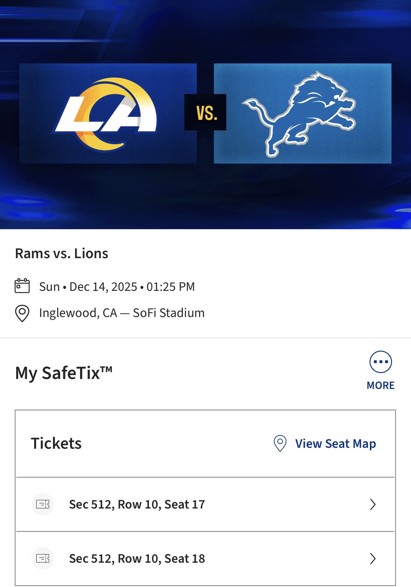 Selling Two Tickets To The Rams Vs Lions Game On December 14 2025. Selling Each Ticket For $200.