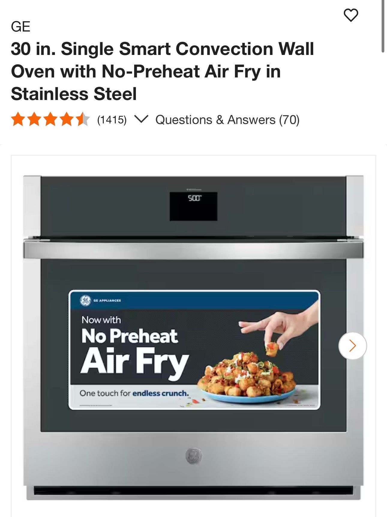 GE 30 in. Single Smart Convection Wall Oven with No-Preheat Air Fry in Stainless Steel
