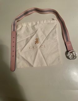Gucci Pink and Gray Web Stripe Leather Belt with Silver Double G Buckle