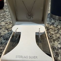 Sterling Silver Heart Necklace and Hoop Earrings Set
