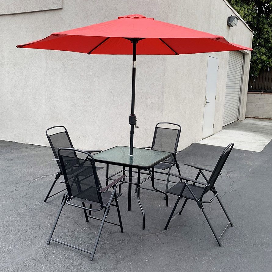 (Brand New) $140 Outdoor 6pcs Patio Set with 32x32” Table, 4pc Folding Chairs and 10ft Tilt Umbrella 