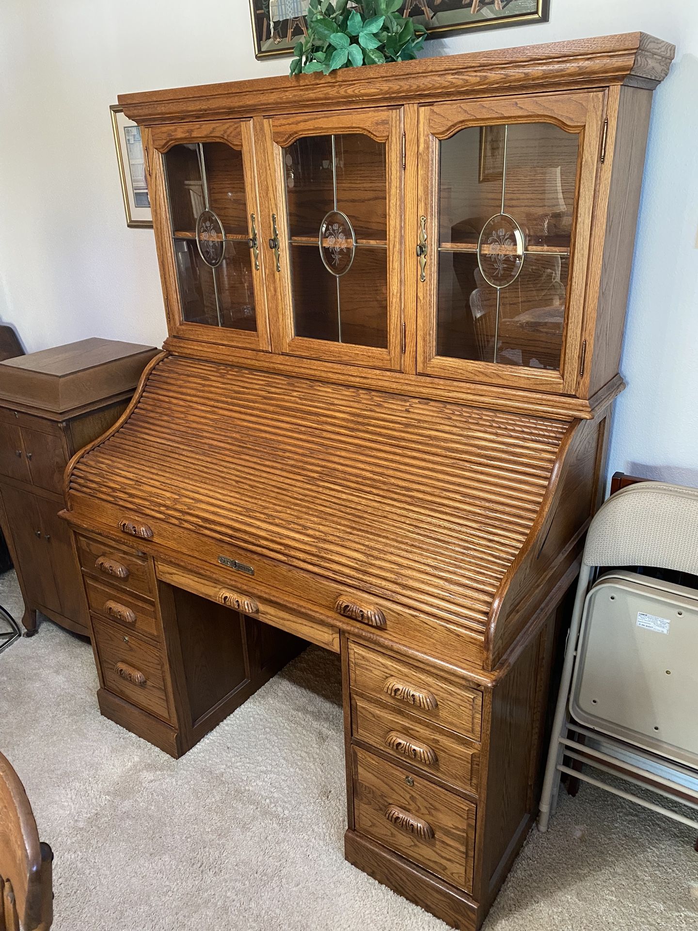 Wooden Roll-Top Desk with Hutch