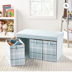 New In Box- 28-inch Child's Storage Bench with Three Drawers in Blue Plaid Pattern