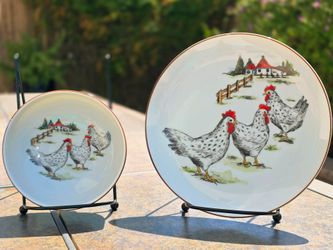 Vintage Country Rooster & Chicken Ceramic Plate and Bowl Set - Farmhouse Kitchen Decor