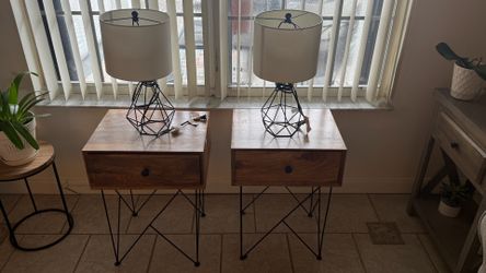 Wooden Nightstands with Lamps
