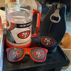 49er Trio. Mug Glasses Bottle Cooler. 