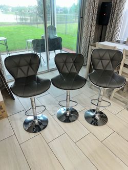 Set of 3 Black Faux Leather Adjustable Bar Stools