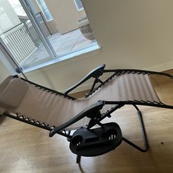 2 Tan Zero Gravity Reclining Chair with Side Tray & Pillow - Excellent Condition