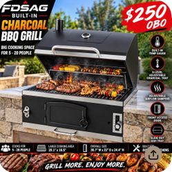 FDSAG Large Built-in Barbecue Grills, Charcoal BBQ Grills with Liftable Tray, Insulated Hood & Temp Gauge, Black