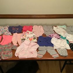 Girls 9 Months Clothes Lot Of 23 Pieces Onesies ,pants ,tops , Light Weight Sweater And Jacket Carters Etc.