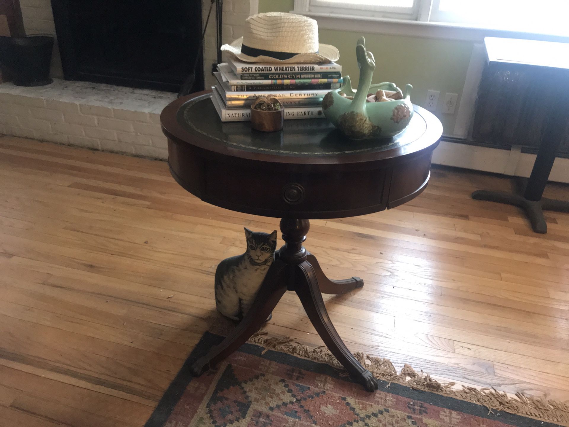 Round Leather Top Drum Style Antique Table