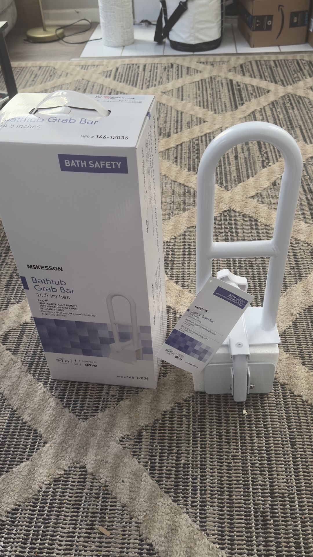 VERTICAL STEEL BATHTUB GRAB BAR BY MCKESSON TO HELP SENIORS AND DISABLED TO CLIMB IN AND OUT OF THE SHOWER WITH A ROCK SOLID GRIP. BRAND NEW IN THE BO