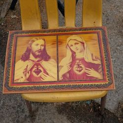 Wood Back With Jesus And Mary Portrait.