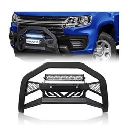Bull Bar with LED Light & License Plate Frame Compatible with 2015-2022 Chevy Colorado & GMC Canyon Front Brush Guard, Truck Guard Grille, Bumper Push