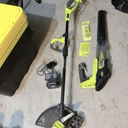 RYOBI 18V CORDLESS STRAIGHT TRIMMER AND BLOWER KIT BATTERY AND CHARGER