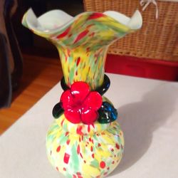 VTG HAND BLOWN SPLATTERED ART GLASS LARGE 10" VASE