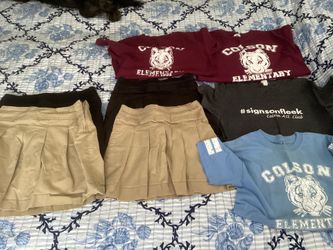 4 skirts uniforms girl size 7/8, 8/10 & 4 shirts colson elementary