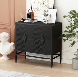 32” W Black Modern 2 Door Wooden Storage Cabinet Accent Cabinet With Metal Leg [NEW] **Assembly Req**