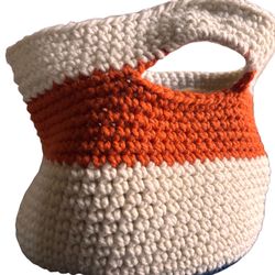 Handmade Crocheted Yarn Basket – Orange, White & Blue