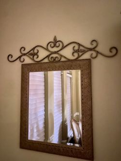 Set Of 2 Mirrors And 2 Ornate Metal Topper Deco