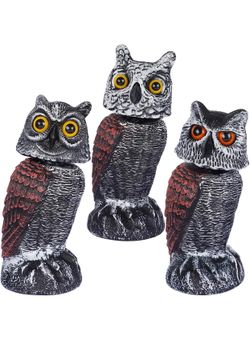 (NEW) Hausse 3-PK Bird Scarecrow Fake Horned Owl Decoy, Rotating Head Plastic Owl Bird Deterrents, Pest Repellent for Outdoor Garden