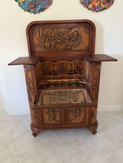Vintage Far Eastern Furnishings Co. Carved Wood Cabinet / Bar Cabinet