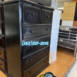 Solid Black Wood 6 Jumbo Drawer Dresser Cajonera 