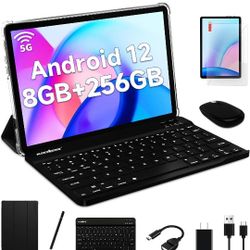2024 2 in 1 Tablet, 10.1 Inch Android 12 Tablet with Keyboard, 256GB Storage, 1TB Expansion with Case, Stylus Pen, 2.0GHz Octa Core, 1280x800 HD Touch