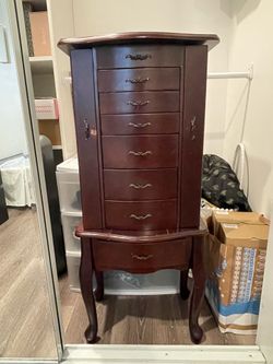 Jewelry Chest Armoire Organizer Brown Drawers Mirror