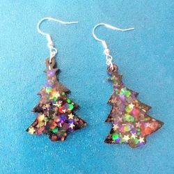 Black multicolor star glitter 'goth' Christmas tree ss dangle earrings new resin