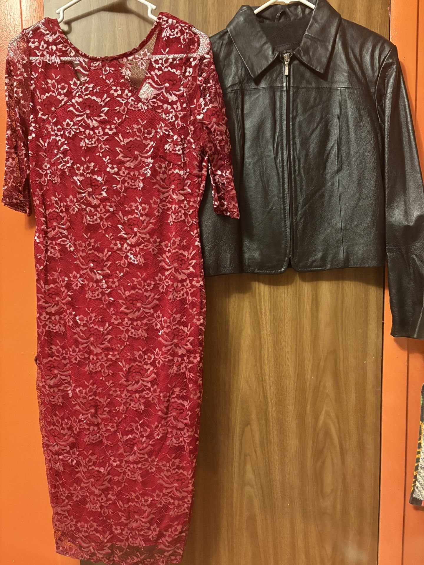 Red Dress And Black Genuine Leather Jacket