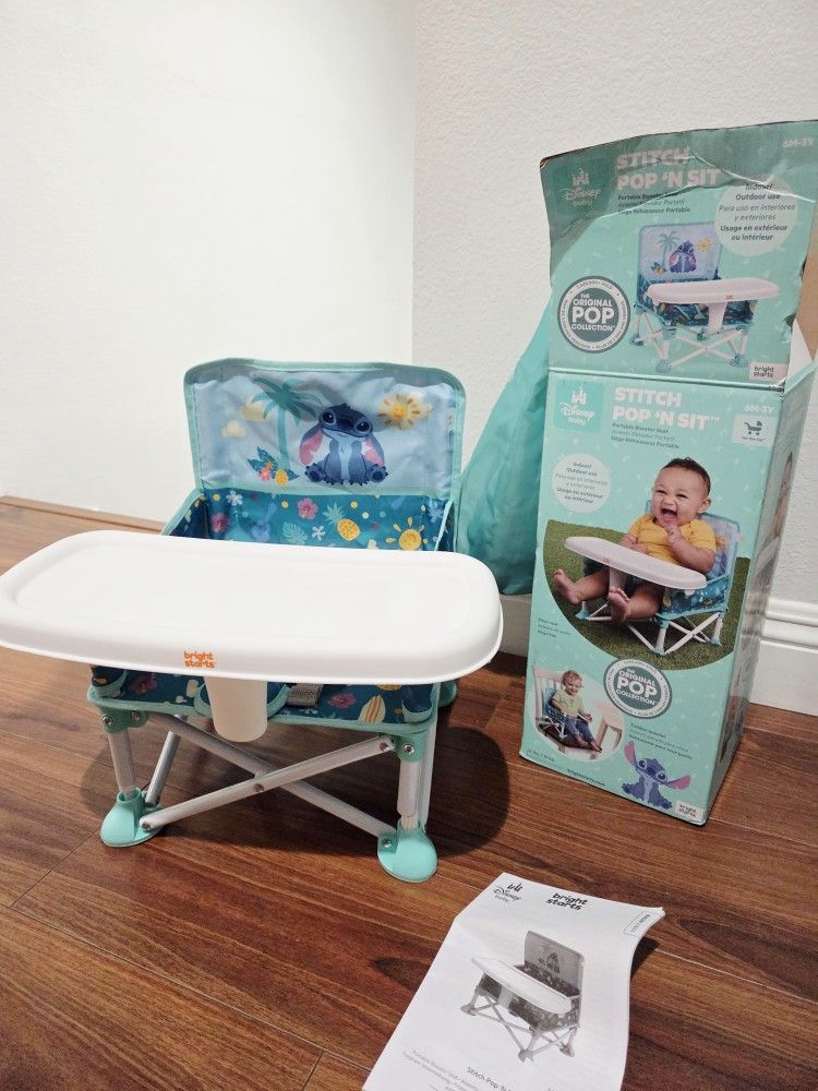 Bright Starts Disney Stitch Pop 'N Sit Portable Booster, Indoor/Outdoor Use, Floor Seat with Feeding