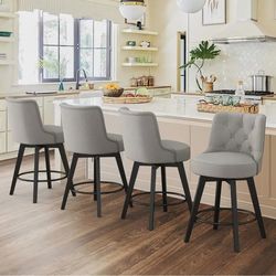 Set of 4 Gray Upholstered Fabric Counter Height Solid Wood Leg Swivel Bar stool