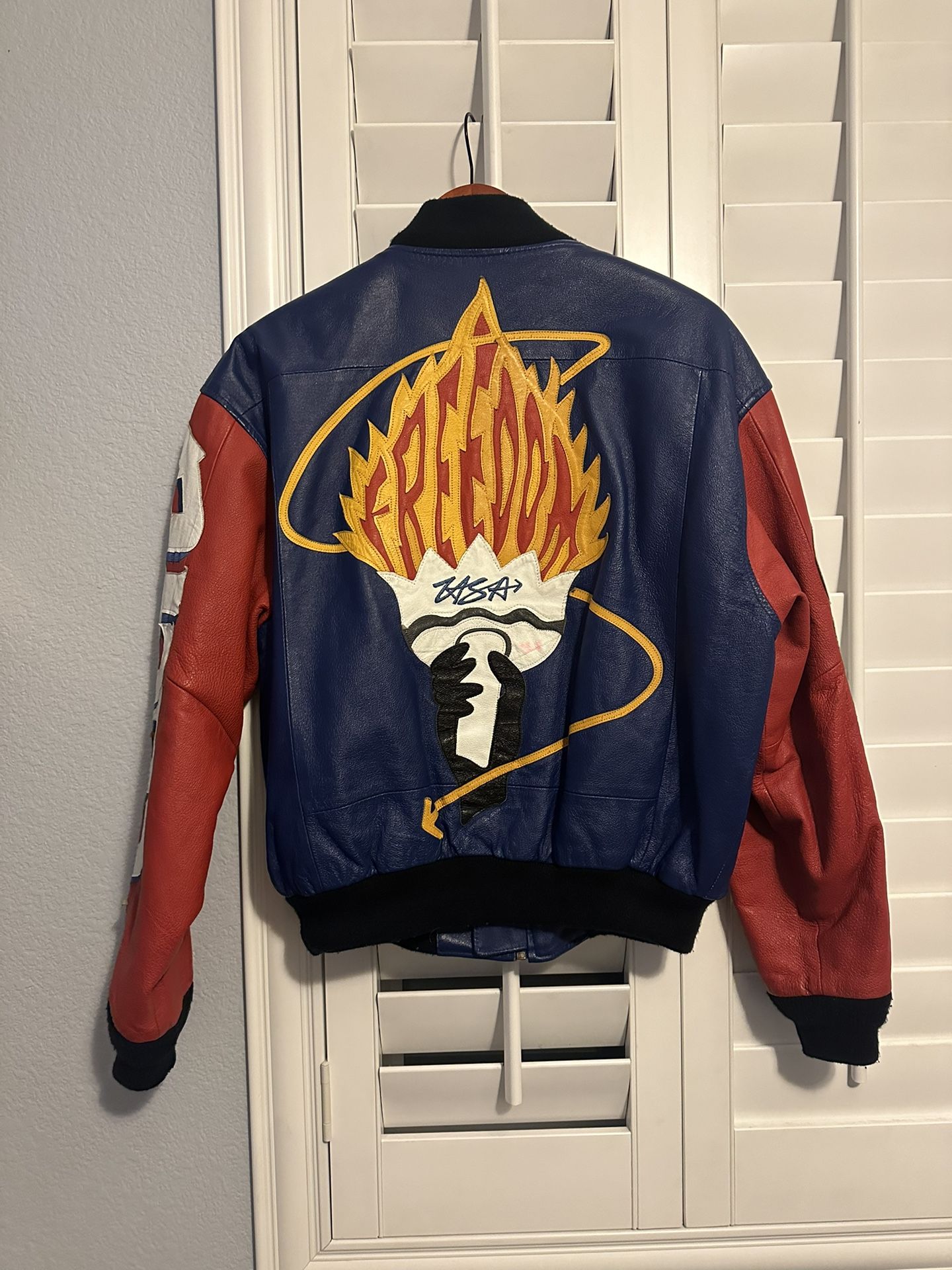 90s RARE WHERE MI MICHAEL HOBAN USA TORCH FREEDOM MULTICOLOR LEATHER JACKET SZ S