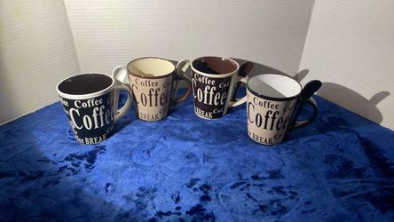 Set of 4 Coffee Break Ceramic Mugs with 4 ceramic spoons.