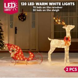 Lighted Christmas Reindeer & Sleigh Set, 4FT Outdoor Christmas Decorations for Yard, Warm White LED Lights Xmas Yard Decor, 3D Deer with Ground Stakes