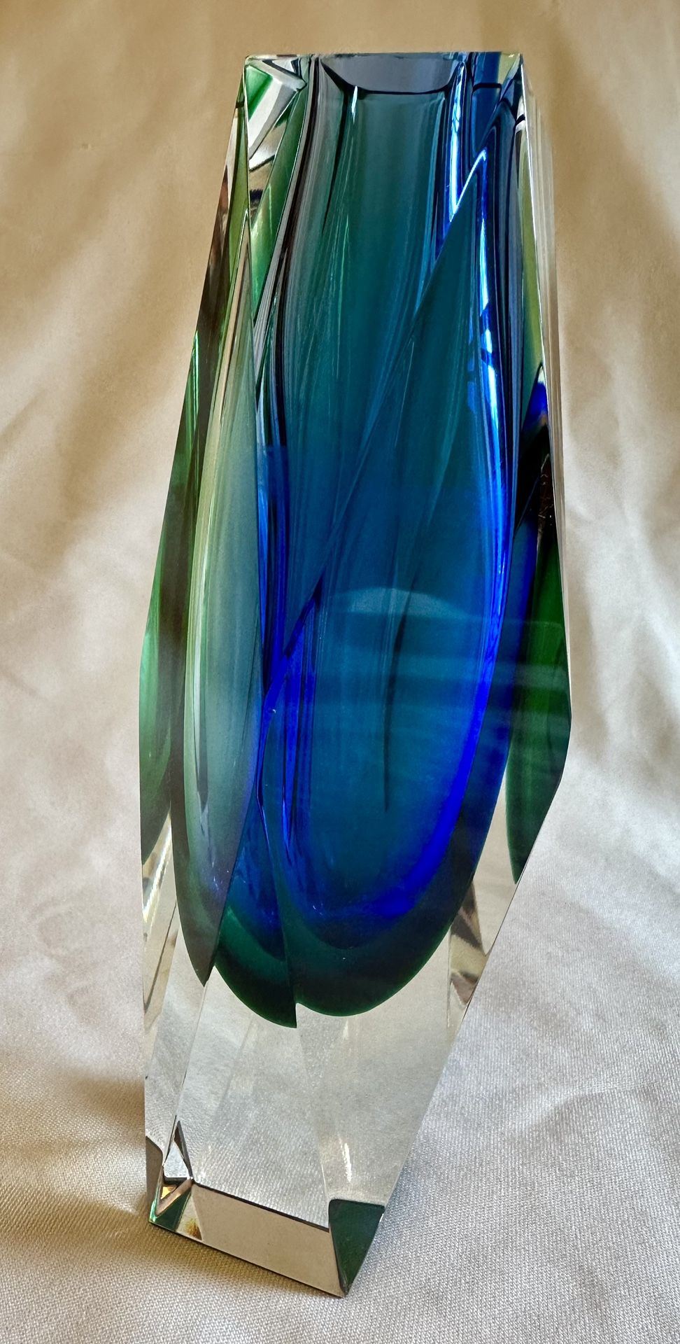 Murano Vintage Blue Green Multi Faceted Glass Vase