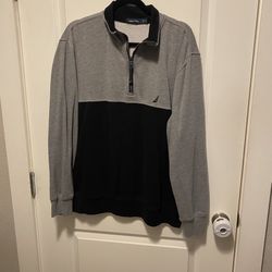 Nautica Mens Fleece Sweatshirt Gray Blue Color Block 1/4 Zip size X-Large 