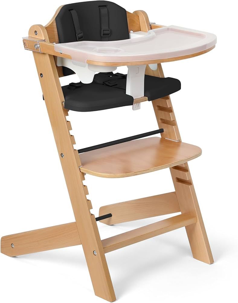 Natural Wooden High Chair for Babies & Toddlers 3-Tier Remove & 2 Adjustable Tray, 8 Adjustable Highchair with Cushions, Easy to Clean (Black)