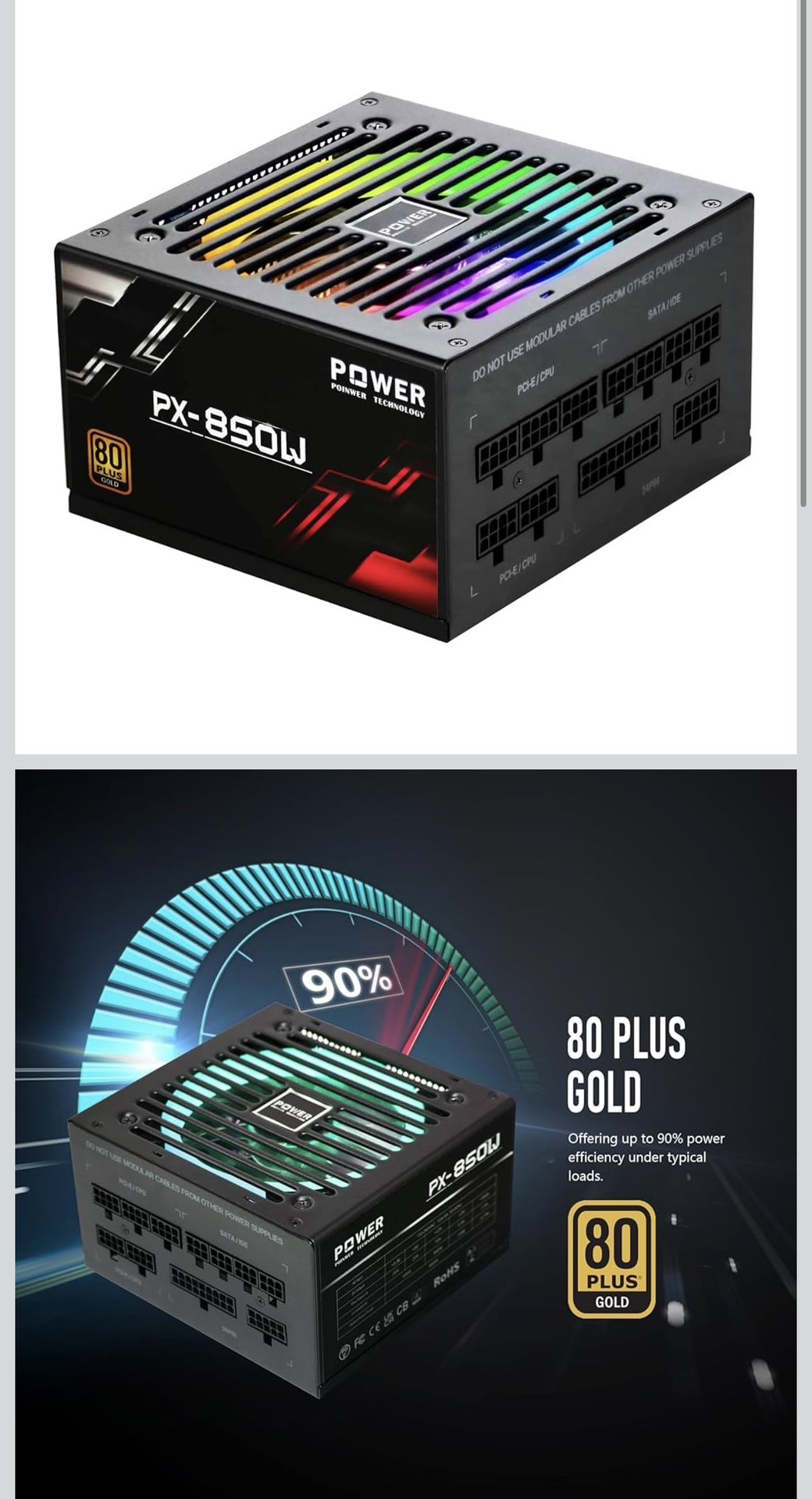 850 Watt Power Supply 80 Plus Gold - Silent 12cm RGB Fan, Full Modular, Active PFC, 105°C Capacitor - High-Performance 850W PSU for Gaming & ATX Case